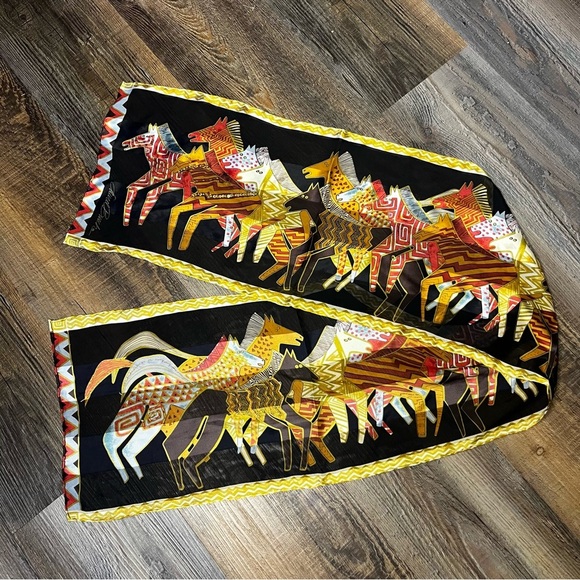Laurel Burch Silk Scarf Native Horses With Sequins Black 53”x10” - Picture 1 of 11